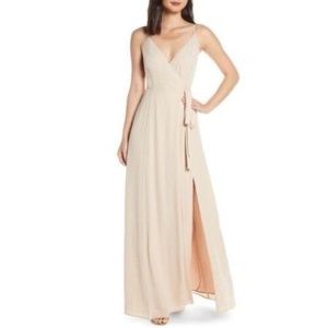 Wayf Angelina Slit Wrap Bridesmaid Maxi Dress Beige Tan Champagne XXS